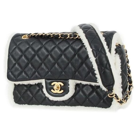 Authentic CHANEL Lambskin Quilted Shearling Large CC Flap Bag Black White Purse - Picture 4 of 13